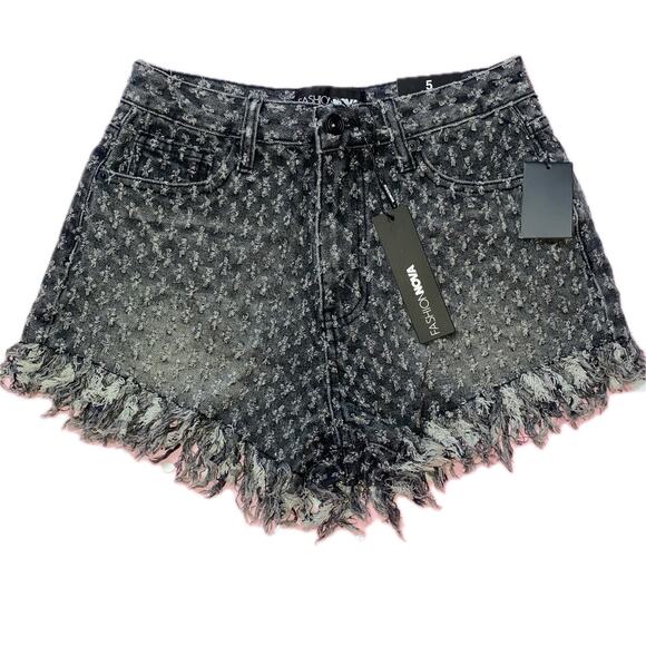 New‎ Fashion Nova 5 Dark Black Gray Wash Distressed Denim Jean Shorts Fringe` - Picture 2 of 6